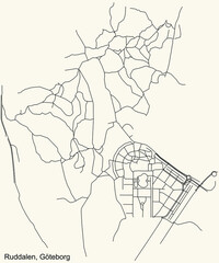 Black simple detailed street roads map on vintage beige background of the quarter Ruddalen district of Gothenburg, Sweden