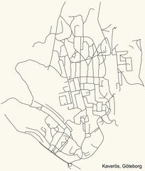 Black simple detailed street roads map on vintage beige background of the quarter Kaverös district of Gothenburg, Sweden
