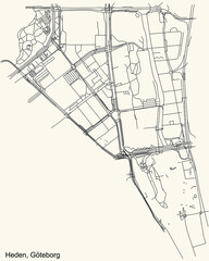 Black simple detailed street roads map on vintage beige background of the quarter Heden district of Gothenburg, Sweden