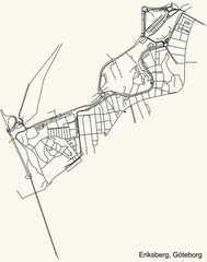 Black simple detailed street roads map on vintage beige background of the quarter Eriksberg district of Gothenburg, Sweden