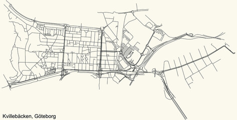 Black simple detailed street roads map on vintage beige background of the quarter Kvillebäcken district of Gothenburg, Sweden