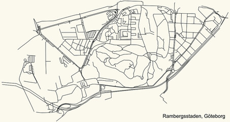 Black simple detailed street roads map on vintage beige background of the quarter Rambergsstaden district of Gothenburg, Sweden