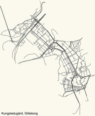 Black simple detailed street roads map on vintage beige background of the quarter Kungsladugård district of Gothenburg, Sweden