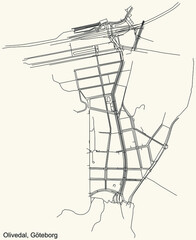Black simple detailed street roads map on vintage beige background of the quarter Olivedal district of Gothenburg, Sweden