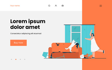 Woman angry with mess made by dog. Female character screaming at pet. Ruined furniture and curtains. Broken down lamp and plant. Keeping domestic animals concept for banner, website or landing page