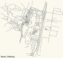 Black simple detailed street roads map on vintage beige background of the quarter Backa district of Gothenburg, Sweden