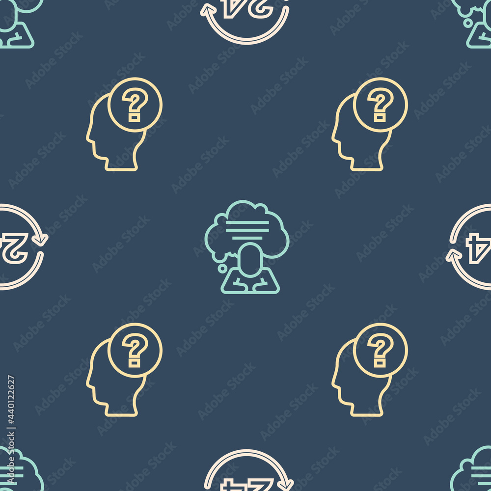Poster set line telephone 24 hours support, head with question mark and speech bubble chat on seamless patt