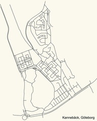 Black simple detailed street roads map on vintage beige background of the quarter Kannebäck district of Gothenburg, Sweden