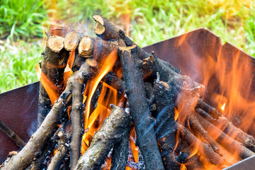 Bonfire made of branches of fruit trees. Flame flutters in wind. Green grass shines through the flames. Process of preparing coals for barbecue. Close-up. Selective focus.