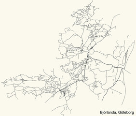 Black simple detailed street roads map on vintage beige background of the quarter Björlanda district of Gothenburg, Sweden