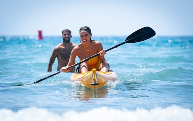 Couple kayaking on the beach during summer vacation - obrazy, fototapety, plakaty