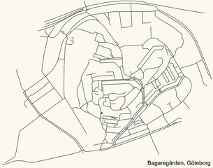 Black simple detailed street roads map on vintage beige background of the quarter Bagaregården district of Gothenburg, Sweden