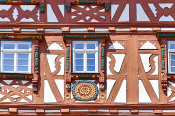 Mosbach, Germany - Part of facade of old historic timber framing building called 'Palmsche Haus' built in 1610