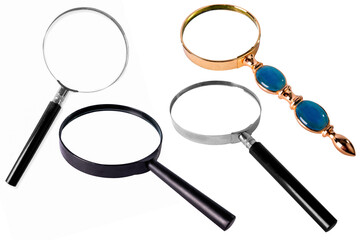 A set of magnifying glasses on white background, isolated.