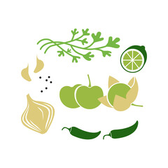 Fresh raw ingredients for salsa verde or green salsa. Vector illustration isolated on white.