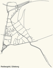 Black simple detailed street roads map on vintage beige background of the quarter Redbergslid district of Gothenburg, Sweden