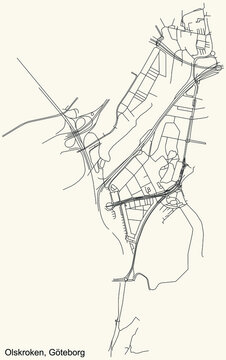 Black simple detailed street roads map on vintage beige background of the quarter Olskroken district of Gothenburg, Sweden