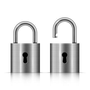 Locked and unlocked silver padlock isolated on white background, vector illustration