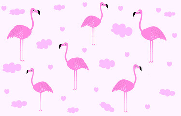 Cartoon pink flamingo pattern, textile. Scrapbooking design. Fashion summer hand drawn elements.