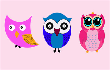 Three colorful owls on a pink background