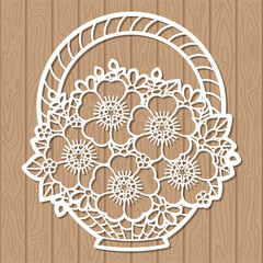 A bouquet of flowers in a basket. Template for laser cutting. Vector