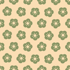 Floral sakura print seamless pattern with beige and green colors. Simple background in japanese trending style with japan flowers. Square pattern for web designs, fabrics, fashion, textile. Vector.