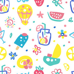 Summer Symbols Seamless Pattern, Happy Holidays Background, Banner, Wallpaper, Textile, Packaging Design Vector Illustration