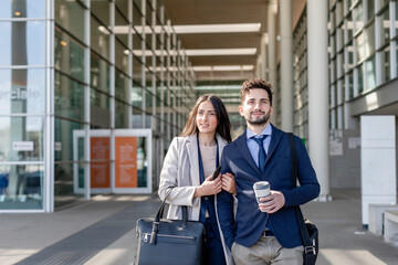 Smiling business couple looking away while standing together on footpath