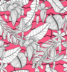 Floral seamless pattern, leaf Philodendron banana and palm leaves on red background, line art drawing
