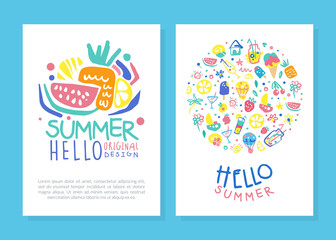 Hello Summer Original Design Card Template with Summer Symbols Vector Illustration