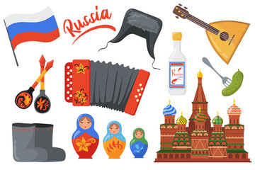 Set of traditional Russian symbols. Cartoon vector illustration. Flag, vodka, Kremlin, matryoshka, khokhloma spoons, balalaika, pickles, flap hat, felt boots. Culture, history, travel concept