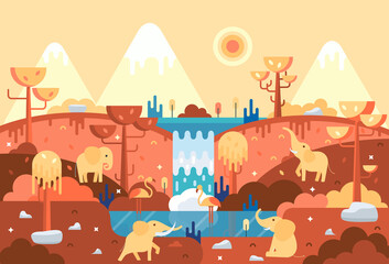 Vier Elefanten im flachen Cartoon-Stil, Panorama mit Tieren in der Nähe von Wasser, Afrika-Landschaft