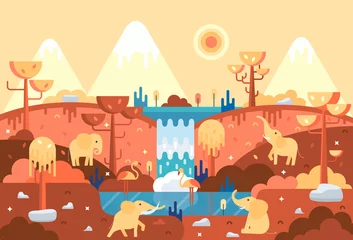 Rolgordijnen Kinderkamer Vier olifanten in platte cartoonstijl, panorama met dieren in de buurt van water, afrika landschap