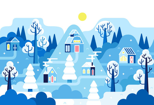Winter sunny day landscape with small houses and snow covered trees. Vector cartoon illustration in flat stile. 