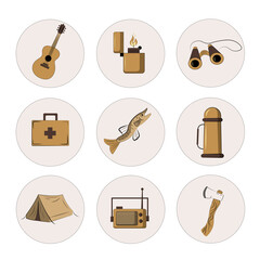  A set of 9 vector linear icons on the theme of cycling, tourism, travel, outdoor activities. Bicycle, equipment, map, pointers.