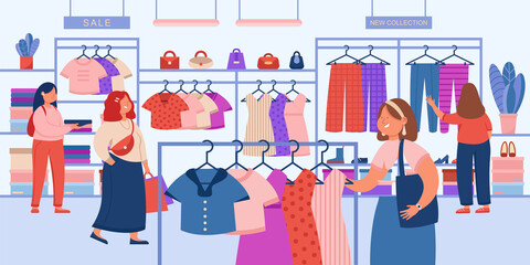 Girls choosing modern clothes in store flat vector illustration. Female consumers doing purchases, buying dresses and apparels. Fashion, garment, retail, style concept