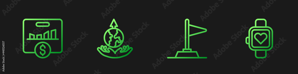Aufkleber set line flag, key performance indicator, world expansion and smart watch. gradient color icons. vec