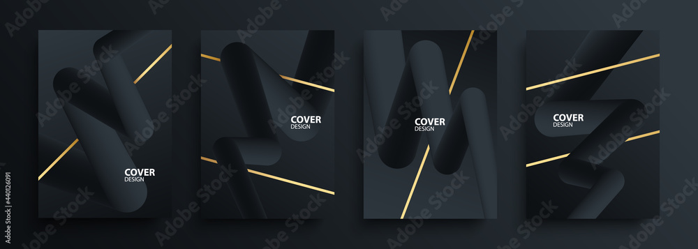 Poster 3d dynamic abstract shapes cover design set. Black curve zig zag shapes with golden lines. Luxury templates collection for brochures, posters, promotional flyers and cards. Vector illustration.