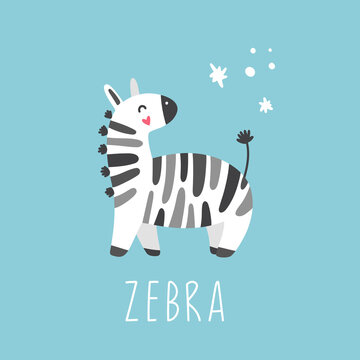 Cute zebra on a blue background, hand-drawn illustration for children, cartoon style.