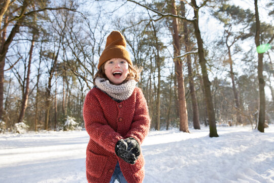 Curious boy in warm clothing playing with snow during winter