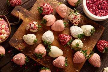 Chocolate dipped strawberries on wooden background