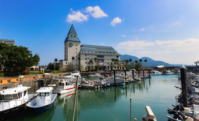 Scenic boats, seasides, and architecture. Tamsui-Fisherman's wharf, Taiwan.