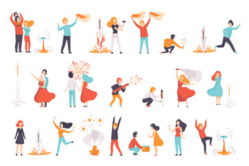 Set of People Setting off and Watching Explosion of Firework Rockets Cartoon Vector Illustration