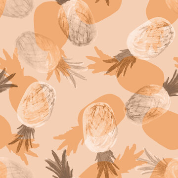 Pineapple hand-painted, all over textile pattern, vintige style. Seamless background. Summer time.