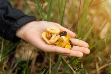 Different dried fruits, nuts in a female hand on a background of green grass. Snack during the...
