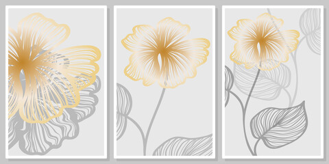 luxurious silver golden flowers and leaves- wall art vector set, for wall art, poster, wallpaper, print
