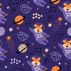 A red tiger in a space suit and space suit flies to the stars. Seamless pattern with planets, tigers,constellations, stars for decorating children's fabrics, rooms. 2022 - The Year of the Tiger.
