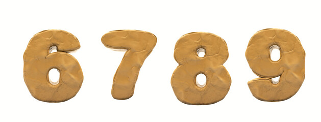 Alphabet from clay, clay. Artistic font in 3d render.Numbers 6, 7, 8, 9