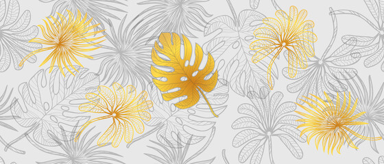 luxurious gold and silver leaves of tropical plants, seamless vector pattern
