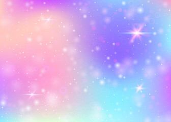 Holographic background with rainbow mesh. Kawaii universe banner in princess colors. Fantasy gradient backdrop with hologram. Holographic magic background with fairy sparkles, stars and blurs.